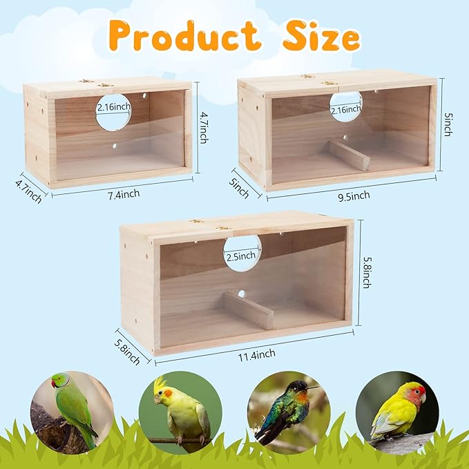 Rypet Parakeet Nesting Box Transparent Design, Bird Nest Breeding Box with Perch Wood Bird Cage House for Cockatiel Lovebirds Budgie Finch Parrotlets Canary