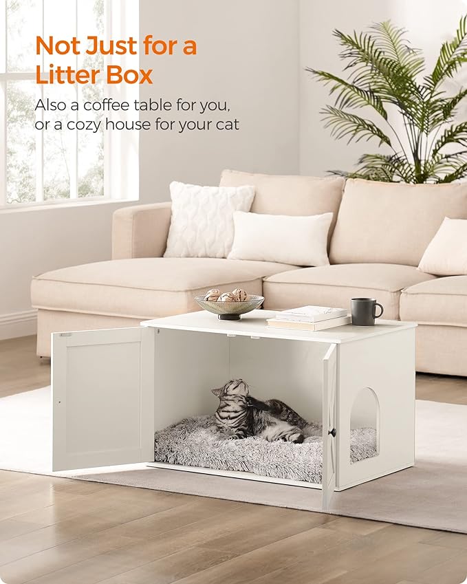 Feandrea Cat Litter Box Enclosure, Litter Box Furniture Hidden with Removable Divider, Indoor Cat House, End Table, 31.5 x 20.9 x 19.7 Inches, White UPCL002W01