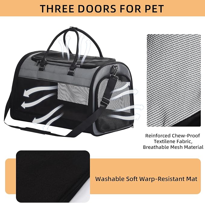 PET MARVEL Cat Carrier Soft Sided Large for Pet Dogs up to 25 Lbs, Airline Approved Mesh Pet Travel Bag, Breathable Bite-Resistant Fabric with Removable Washable Mat