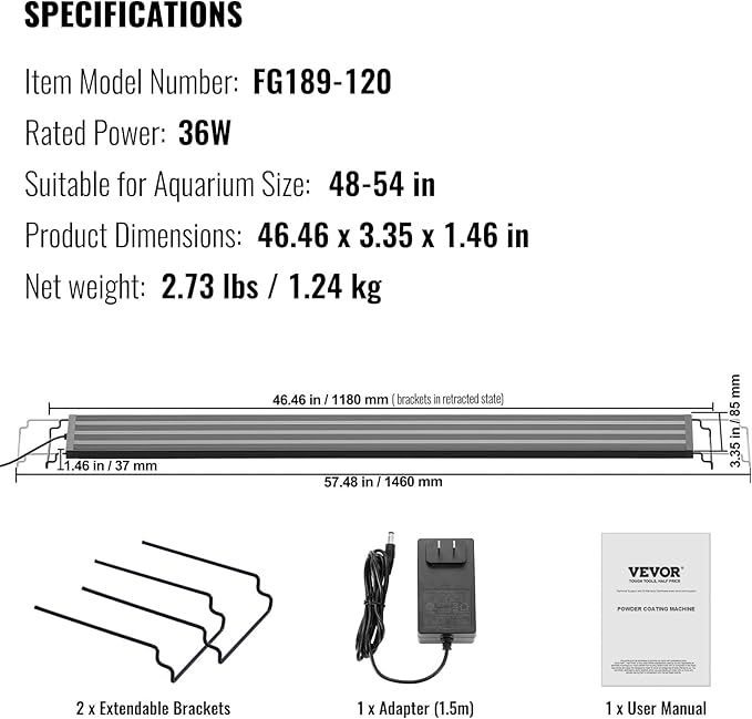 VEVOR Aquarium Light, 36W Full Spectrum Fish Tank Light with 5 Levels Adjustable Brightness, Adjustable Timer and Power-Off Memory, with ABS Shell Extendable Brackets for 48"-54" Freshwater Fish Tank