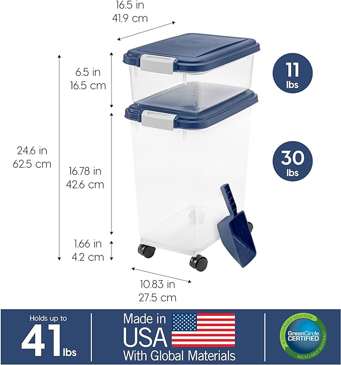 IRIS USA 30 lbs & 11 lbs Combo Airtight Dog Food Storage Container, Stackable Treat Box, 2-Cup Scoop, Wheels, Keep Fresh, Easy Mobility, Navy