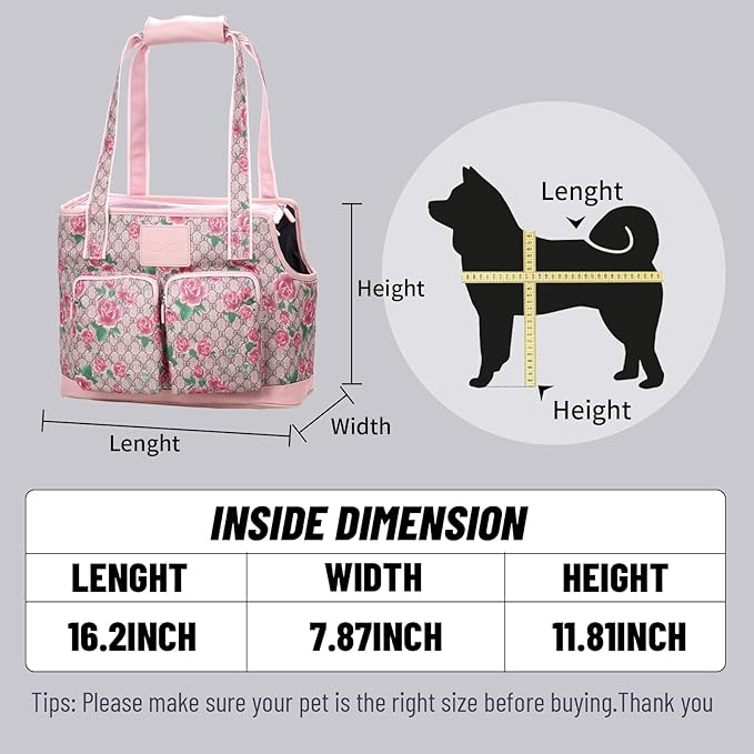 Dog Carrier Purse, Foldable Waterproof Premium PU Leather Oxford Cloth Dog Carrier Bag, Pet Travel Tote Bag with Pockets for Cat and Small Dog (Flower Pattern)