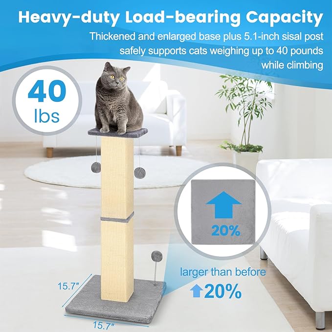 33" Tall Cat Scratching Post, Heavy Duty and Thicker Cat Scratching Post,Large Cat Scratcher with Two Hanging Ball for Indoor Cats and Adult,Sisal Cat Scratcher Protect Your Furniture(Grey)