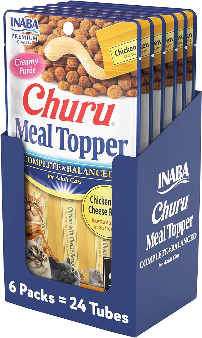 INABA Churu Meal Topper for Cats, Complete & Balanced, Creamy, Lickable Purée Cat Food Topper, 0.5 Ounce Tube, 24 Tubes (4 per Pack), Chicken with Cheese Recipe