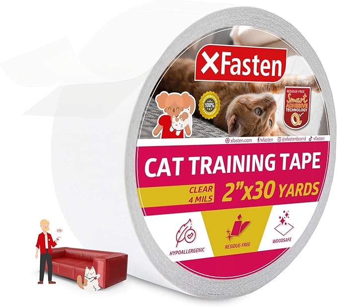 XFasten Anti-Scratch Cat Training Tape, Clear, 2-Inches x 30 Yards; Door, Kitty Paw Tape for Couch, Furniture and Leather Stop Scratching Guard Protector Tape for Cats