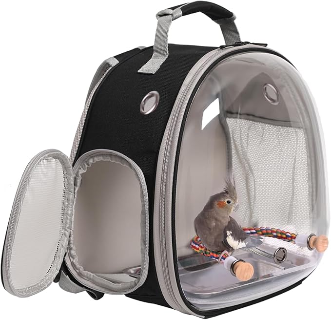 Bird Carrier Cage, Bird Travel Backpack Carrier with Stainless Steel Tray and Standing Perch (Black, Medium)