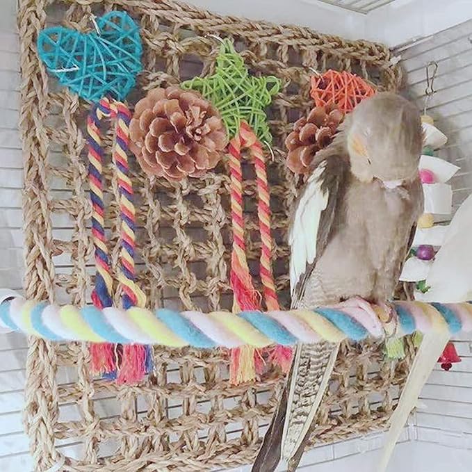 Bird Seagrass Mat,Natural Seagrass Woven Net Bird Foraging Chew Wall Toys Parakeet Hammock Mat with Hooks for Lovebird Cockatiel Conure Budgie,Size 28.3" X 6.7" and 11.81" X 11.81"(2 Pcs)