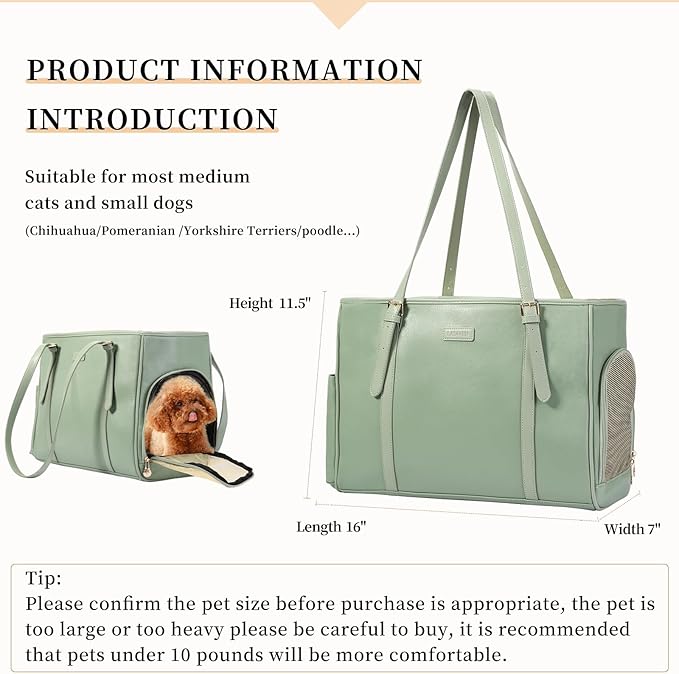 Fashion Dog Purse Pet Carrier Leather Bag for Small Dogs Cats Puppy, Portable Tote Bag Airline Approved Soft-Sided Carriers (Green)