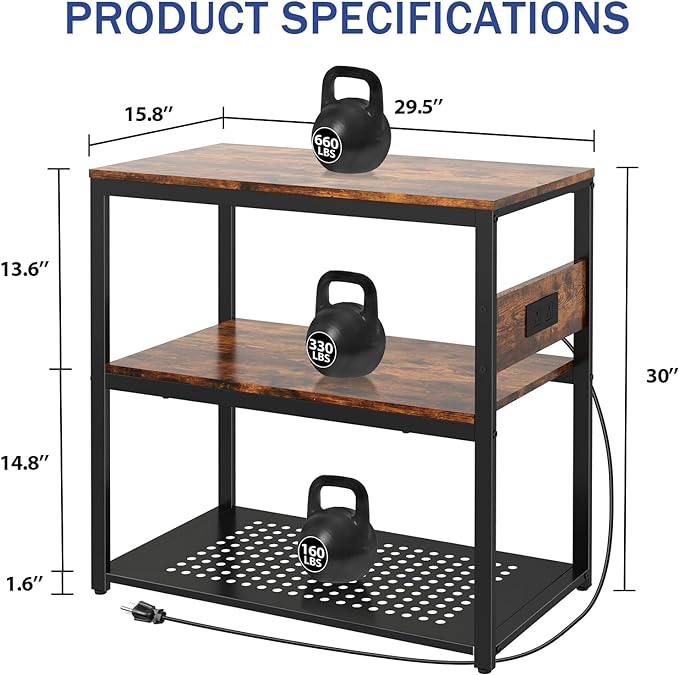 20-29 Gallon Fish Tank Stand With Power Outlets, 3-Tier Metal Aquarium Stand, Breeder Reptile Tank Stand with Shelf for Home Office, 500LBS Capacity, 29.5 x 15.8 x 30.1 inches