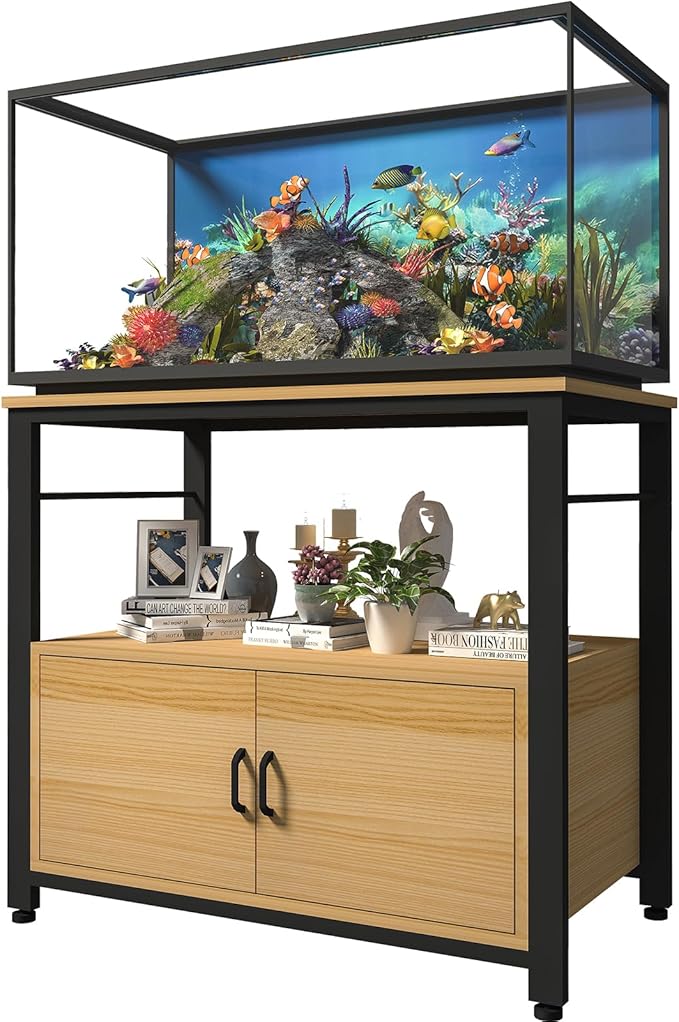 Fish Tank Stand Metal Aquarium Stand with Cabinet Accessories Storage 40-50 Gallon, Double Layer Metal with Storage Weight Capacity 760lbs, Black Walnut Brown