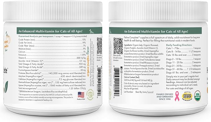 Wholistic Pet Organics Feline Complete: Cat Multivitamins Powder - 8 oz - Immune Support Supplements for Cats - Antioxidants - Organic Pumpkin Flavor (Organic Pumpkin, 8 oz)