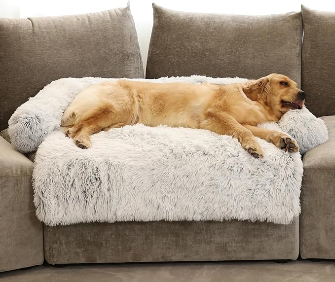 Calming Dog Bed Fluffy Plush Dog Mat for Furniture Protector with Removable Washable Cover for Large Medium Small Dogs and Cats (Extra Large (53x39.3x6), Light Grey)