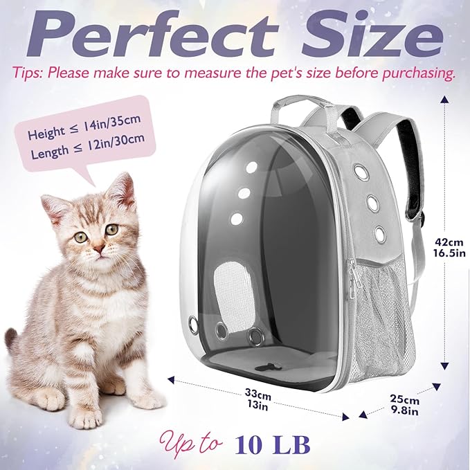 Pawaboo Cat Backpack Carrier, Pet Bubble Carrying Bag for Small Medium Kitty Puppy, Transparent Cat Space Capsule Backpack Airline Approved, Breathable Cat Travel Bag for Hiking Walking Camping, Gray