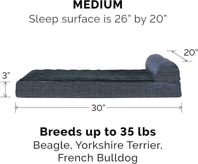Furhaven Memory Foam Dog Bed for Medium/Small Dogs w/ Removable Bolster & Washable Cover, For Dogs Up to 35 lbs - Quilted Fleece & Suede Print Bolster Chaise - Dark Blue, Medium