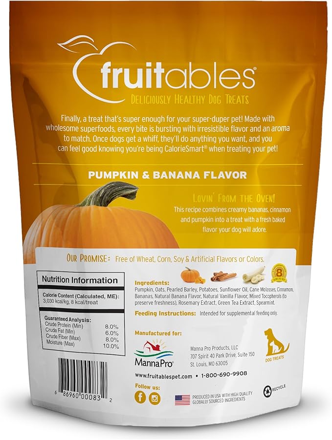 Fruitables Baked Dog Treats – Healthy Low Calorie – Free of Wheat, Corn and Soy – Pumpkin and Banana – 12 Ounces