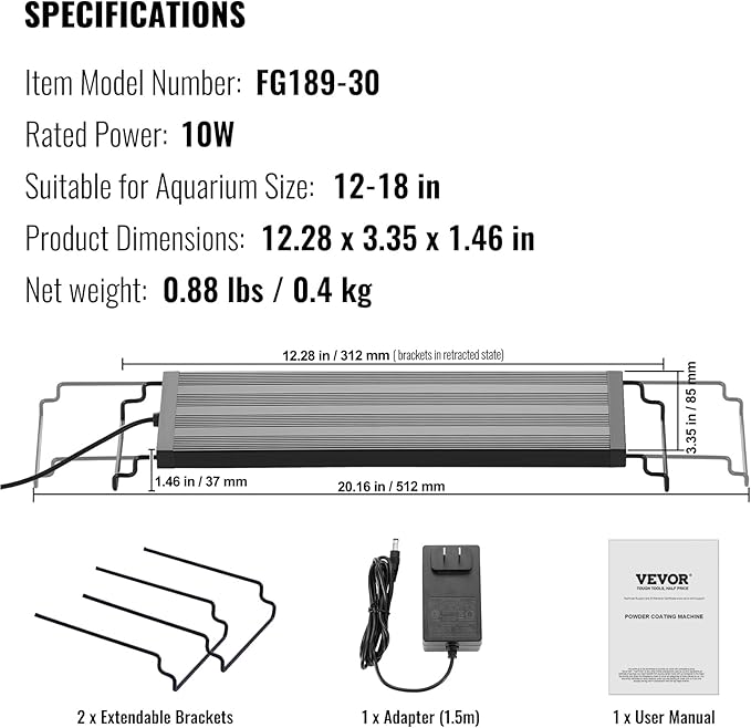 VEVOR Aquarium Light, 10W Full Spectrum Fish Tank Light with 5 Levels Adjustable Brightness, Adjustable Timer and Power-Off Memory, with ABS Shell Extendable Brackets for 12"-18" Freshwater Fish Tank