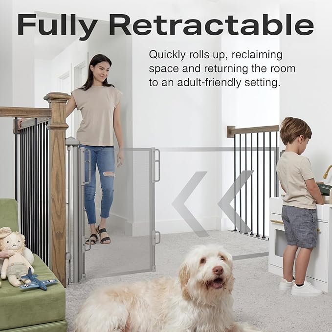 Cumbor 76" Wide Retractable Mesh Baby Gates for Stairs, Long Baby Gate for Doorways, 34" Tall Extra Wide Toddler Gate for Dogs, Child Safety Gates for Room, Hallways, Doggy Gate Indoor/Outdoor(Gray)