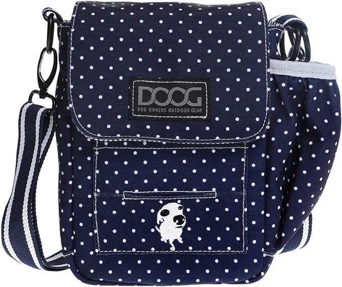 DOOG | Walkie Bag | Adjustable Shoulder Bag with Poo Bag Compartment and Water Bottle Compartment | Navy with Polka Dots
