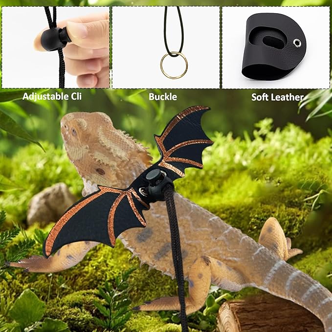 Bearded Dragon Sling Carriers and Leash Harness,Adjustable Harness with Leather Wings and Sling Bag, Reptile Small Pet Backpack Batwing Accessories,Bearded Dragon Tanks Decor for Outdoor