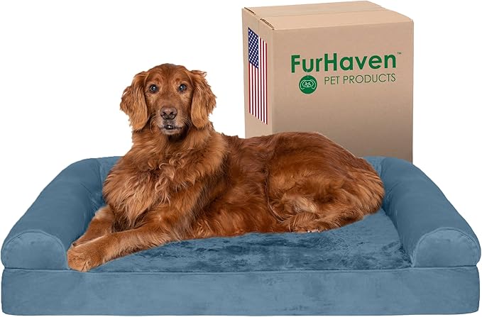 Furhaven Orthopedic Dog Bed for Large Dogs w/ Removable Bolsters & Washable Cover, For Dogs Up to 95 lbs - Faux Fur & Velvet Sofa - Harbor Blue, Jumbo/XL