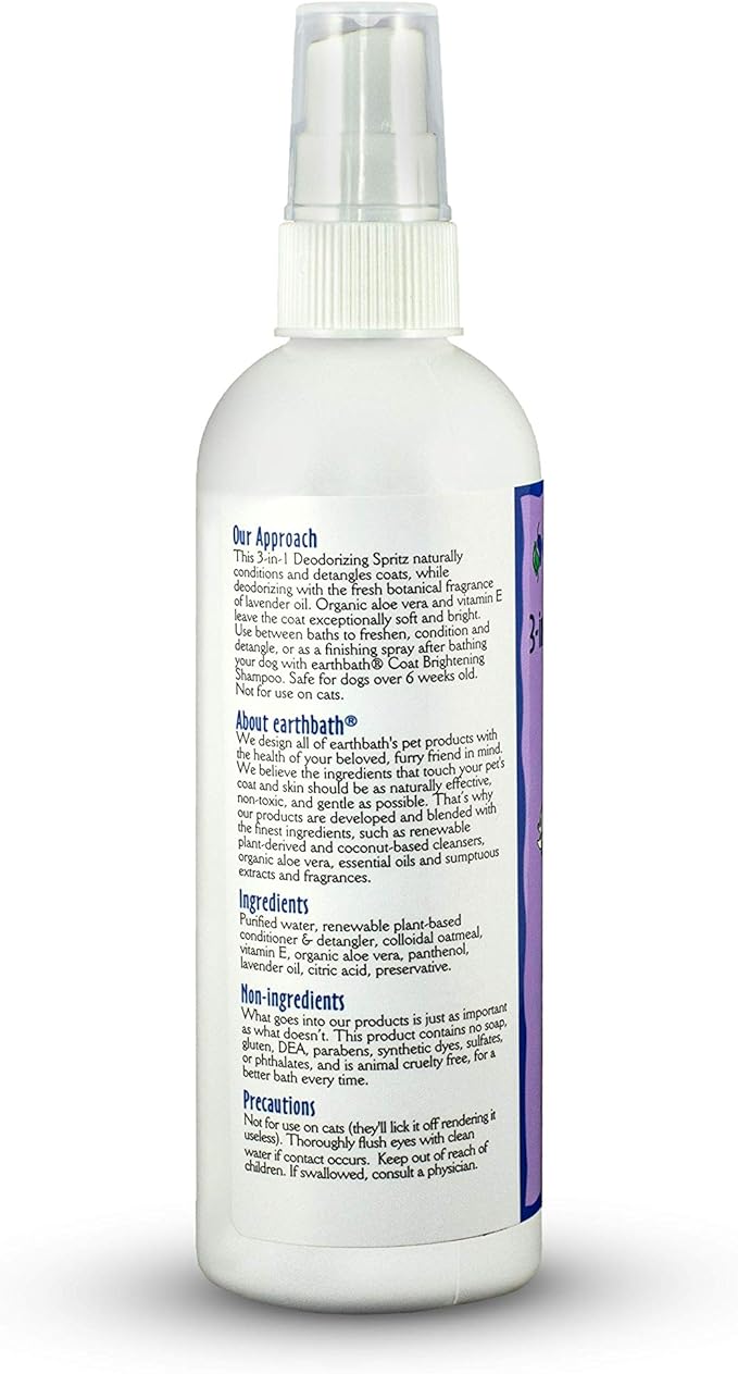 earthbath, Lavender 3-in-1 Dog & Puppy Deodorizing Spritz - Dog Odor Eliminator for Strong Odor, Cruelty-Free Dog Cologne, Dog Wash Spray, Made in USA, Dog Bathing Supplies - 8 Oz (1 Pack)