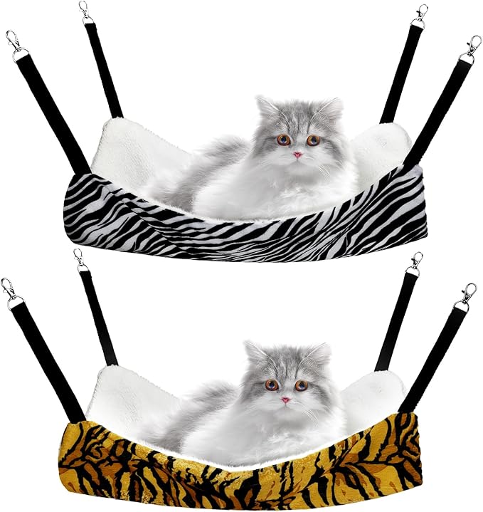 2 Pieces Reversible Cat Hanging Hammock Soft Breathable Pet Cage Hammock with Adjustable Straps and Metal Hooks Double-Sided Hanging Bed for Cats Small Dogs Rabbits (Zebra, Tiger Stripes,S)