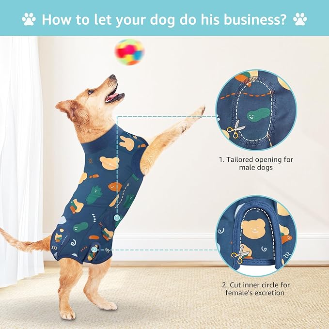 Recovery Suit for Dogs, Dog Surgery Recovery Suit with Zipper Closure Post Spay, Neuter, Abdominal Surgical Suit for Male Female Dogs Can Pee, Prevent Licking Dog Onesies, Blue Bear, 2XL