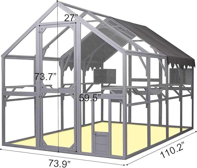 110 Inch Large Wooden Catio Outdoor Cat Enclosure w/ 2 Napping Houses, Luxury Pet-House with Jumping Platforms & Weatherproof Roof, Walk-in Kitty Kennel Condo Shelter