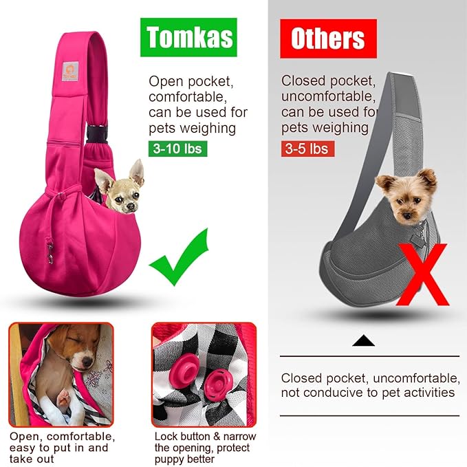 TOMKAS Dog Sling Carrier for Small Dogs Puppy Carrier for Small Dogs (Rose red, adjustable strap for 3 - 10 lbs & Zipper Pocket)