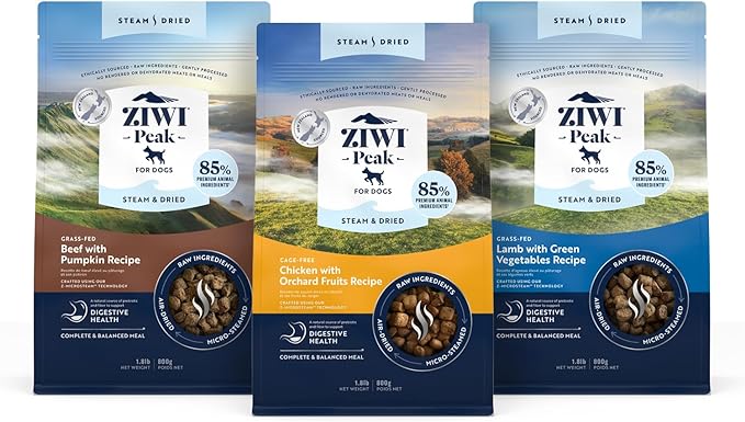 ZIWI Peak Steam & Dried Dog Food Bundle – High Protein, Digestive Health, Low Carb, for All Breeds and Lifestages (1.8lb bags of Beef w/Pumpkin, Chicken w/Fruit, and Lamb w/Vegetables recipes)