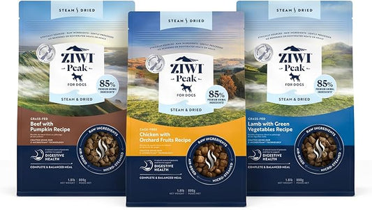 ZIWI Peak Steam & Dried Dog Food Bundle – High Protein, Digestive Health, Low Carb, for All Breeds and Lifestages (1.8lb bags of Beef w/Pumpkin, Chicken w/Fruit, and Lamb w/Vegetables recipes)