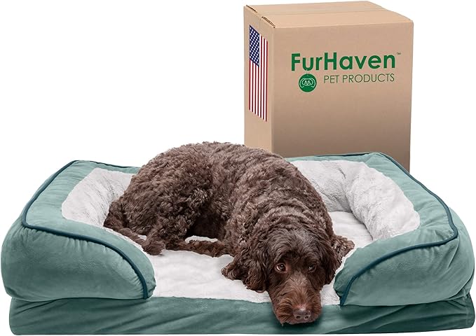 Furhaven Cooling Gel Dog Bed for Large/Medium Dogs w/ Removable Bolsters & Washable Cover, For Dogs Up to 55 lbs - Plush & Velvet Waves Perfect Comfort Sofa - Celadon Green, Large