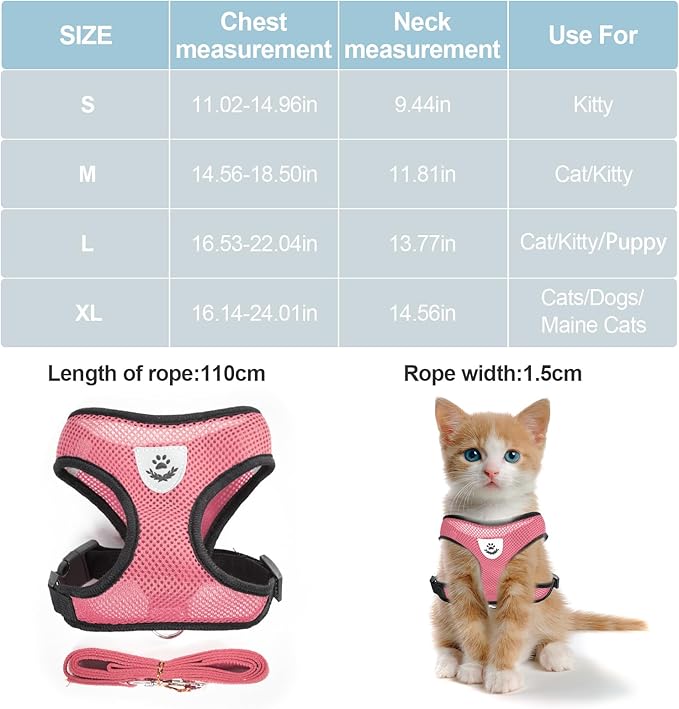 Summer cat Chest Harness and Leash, Anti-Escape Adjustable Soft mesh cat Leash and Chest Harness Set for All Types of Cats cat Vests(Size L,Pink)