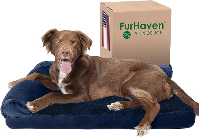 Furhaven Cooling Gel Dog Bed for Large/Medium Dogs w/ Removable Bolsters & Washable Cover, For Dogs Up to 55 lbs - Plush & Velvet L Shaped Chaise - Deep Sapphire, Large