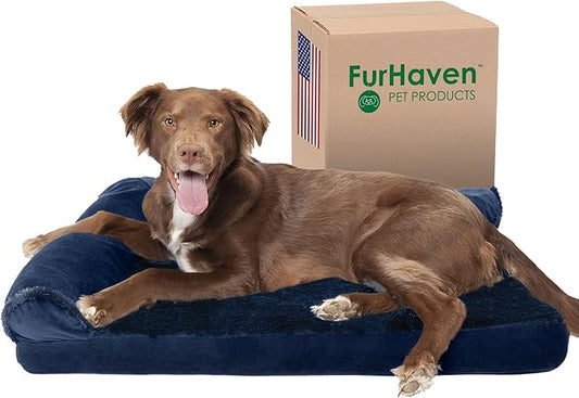 Furhaven Cooling Gel Dog Bed for Large/Medium Dogs w/ Removable Bolsters & Washable Cover, For Dogs Up to 55 lbs - Plush & Velvet L Shaped Chaise - Deep Sapphire, Large