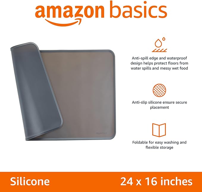 Amazon Basics - Waterproof Anti-Slip Silicone Pet Food and Water Bowl Mat, 24 x 16 Inches, Grey, Solid