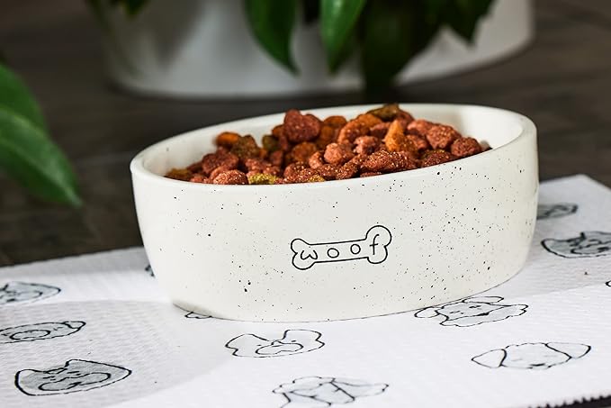 Pearhead Woof Pet Bowl, Dog Water and Food Dish, Pet Owner Dog Accessory, Ceramic, White, Microwave and Dishwasher Safe, Holds 3 Cups, 24 oz