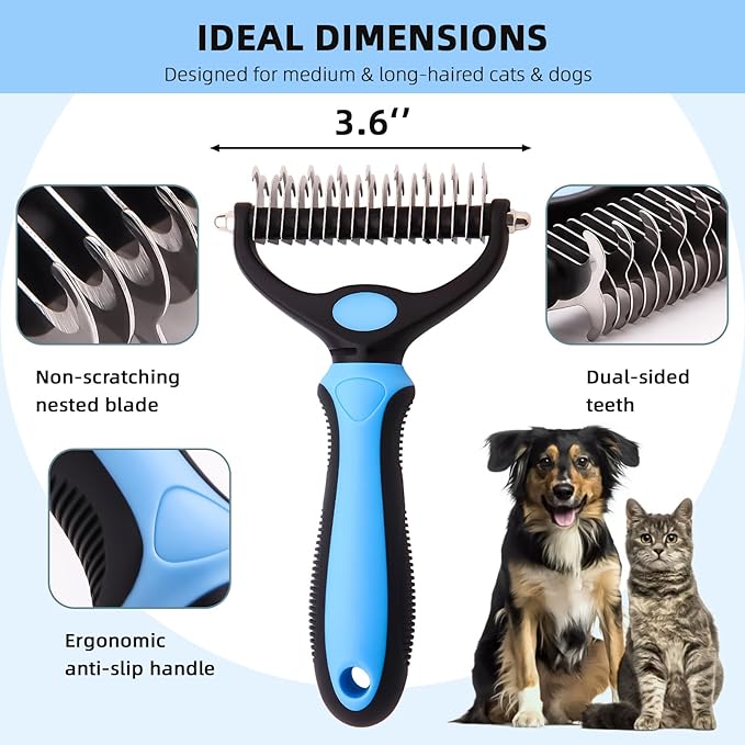 Pet Grooming Brush - Double Sided Shedding and Dematting Undercoat Rake for Dogs and Cats - Extra Wide Dog Grooming Brush, Dog Brush for Shedding, Cat Brush, Dog Brush, Pet Comb, Blue