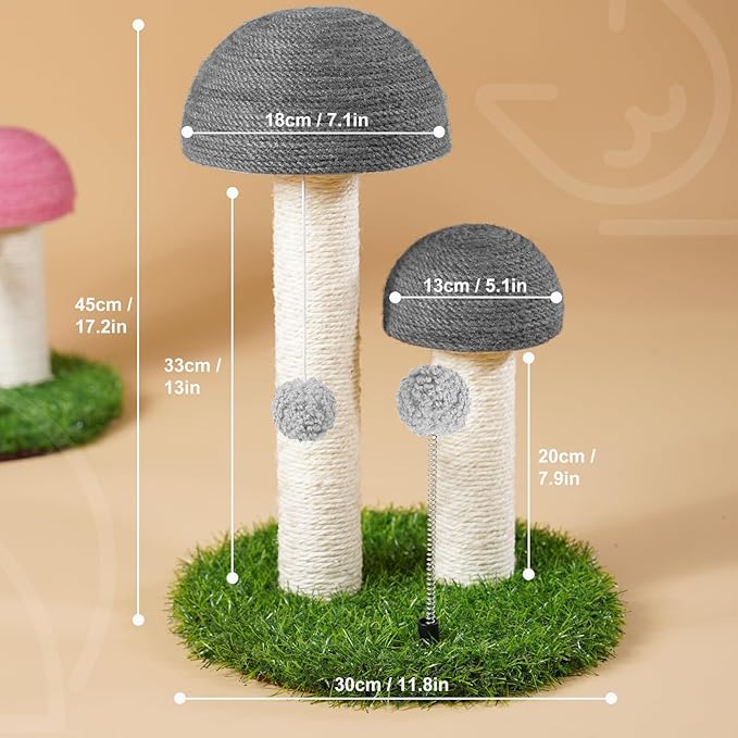 Odoland Cat Scratching Post Mushroom Natural Durable Sisal Board Scratcher for Kitty’s Health and Good Behavior, Furniture Scratch Deterrent Accessories for Cats Grey