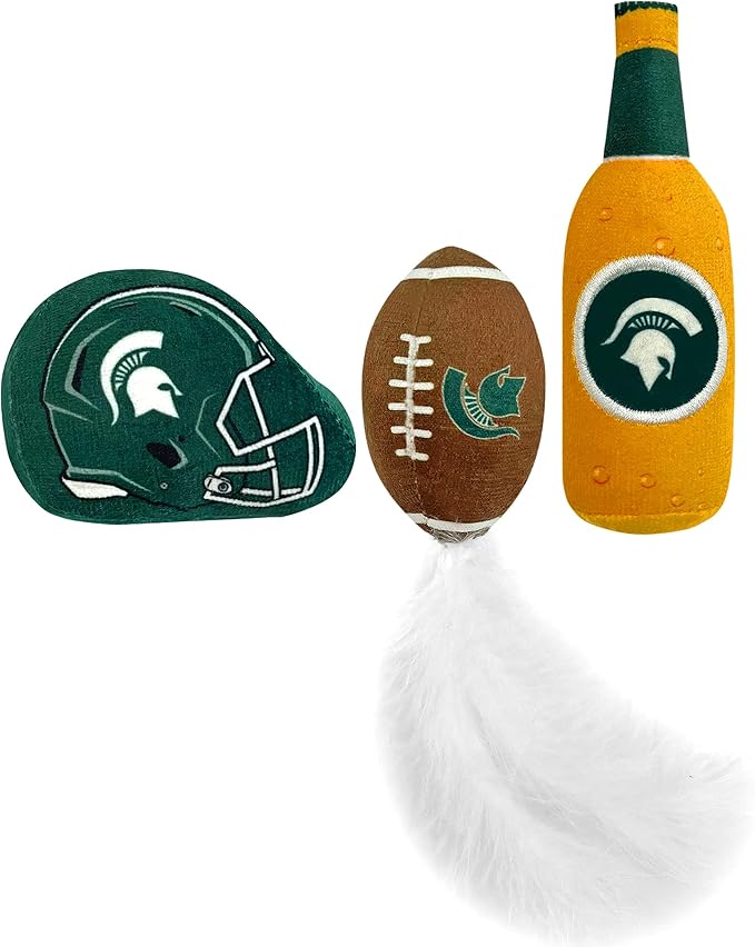 BEST PLUSH CAT TOY: NCAA MICHIGAN STATE SPARTANS Complete Set of 3 piece Cat Toys filled with Fresh Catnip. Includes: 1 Helmet Cat Toy, 1 Football Cat Toy with Feathers & 1 Beer Bottle. With Team LOGO