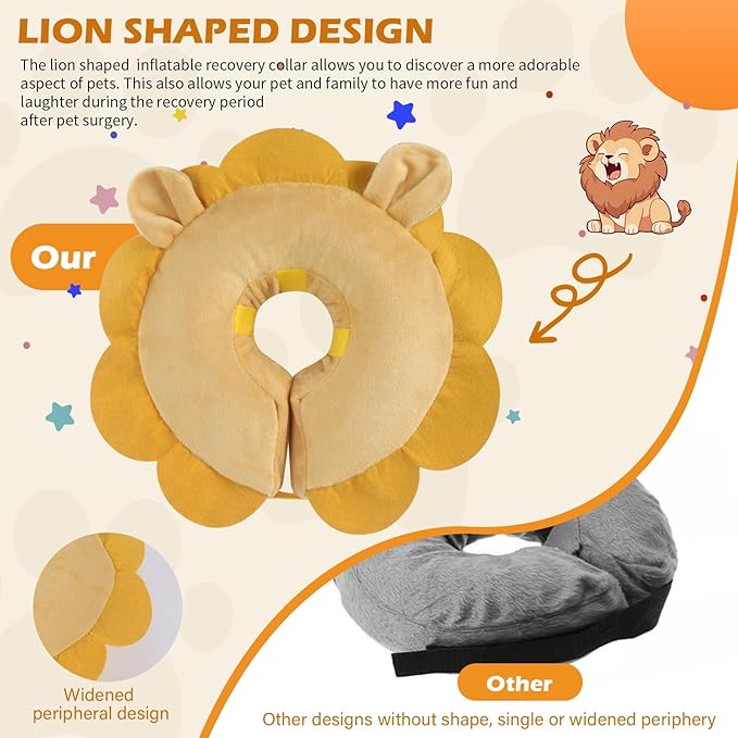 IEUUMLER Inflatable Recovery Dog Collar, Protective Donut Cone, Adjustable Soft Collar for Dog and Cat After Surgery Prevent from Biting & Scratching EU002 (S (Neck:5"-7.1"), Brown Lion)