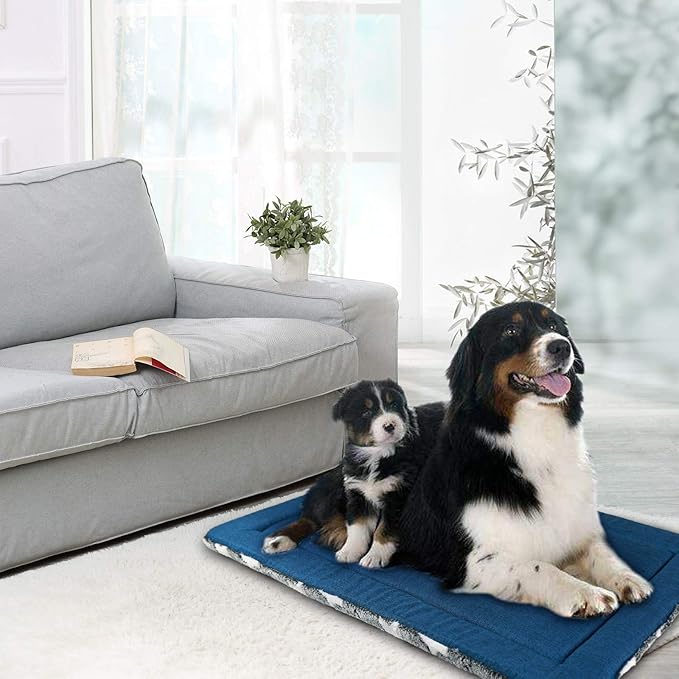 KROSER Fancy Dog Crate Pad Dog Bed Mat Reversible (Cool & Warm), Dog Bed Pad with Machine Washable, Dog Crate mat for Small to XXX-Large Dogs, Grey, Navy, Star Pattern