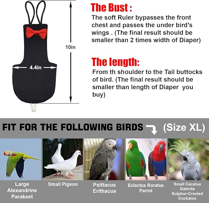 Bird Diaper Washable Parrot Diapers Reusable Bird Flight Suit Nappies Protective Breathable Parrot Nappy Clothes for Parakeet Parrot Macaw Budgie Canary Budgie Cockatiel(Black, XL)