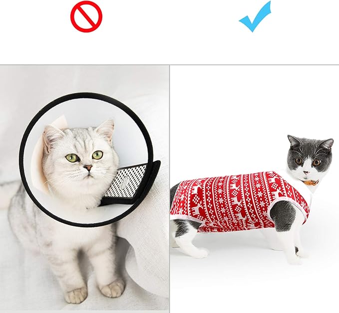 Cat Professional Recovery Suit for Abdominal Wounds or Skin Diseases, E-Collar Alternative for Cats and Dogs, After Surgery Wear, Pajama Suit (S, Christmas Red)