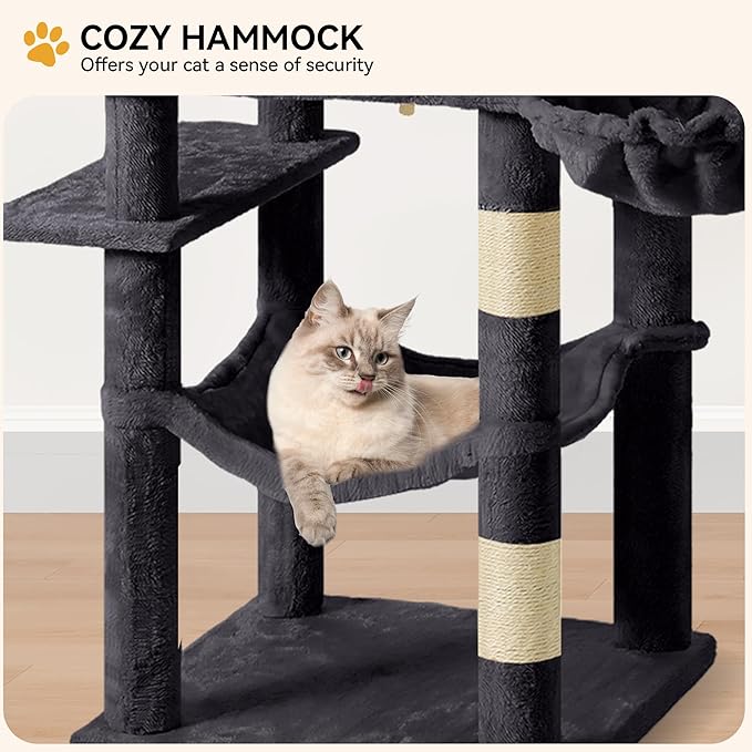 YITAHOME 64.5" Cat Tree, Multi-Level Cat House, Large Cat Condo Furniture with Perch Hammock, Scratching Posts and Dangling Balls for Kittens, Cats and Pets,Dark Gray