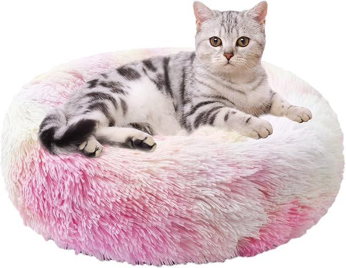 Aurako Cat Bed Dog Bed Round Cushion Pet Bed Mat Ultra Soft Plush Donut Sofa Comfortable Pillow Machine Washable Pet Cuddle Beds for Kitten Small Medium Large Dogs Cats 16" Iridescent