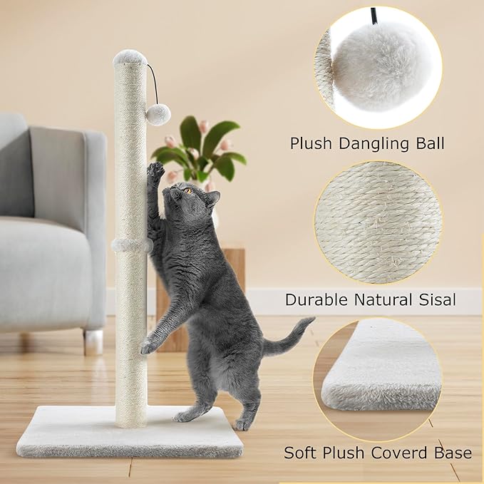 Dimaka 29" Height Tall Cat Scratching Post, Claw Scratcher with Sisal Rope and Covered with Soft Smooth Plush, Vertical Scratch [Full Strectch] for Standard Size Cats. (Beige)