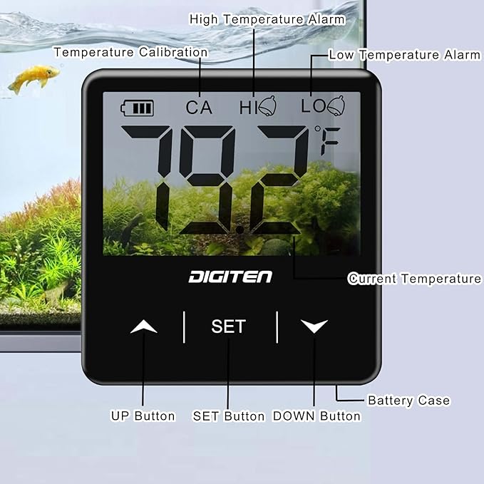 DIGITEN Aquarium Thermometer Digital Fish Tank Thermometer with Large LCD Display Stick On Water Terrarium Temperature Sensor Gauge for Reptiles Turtle Amphibians