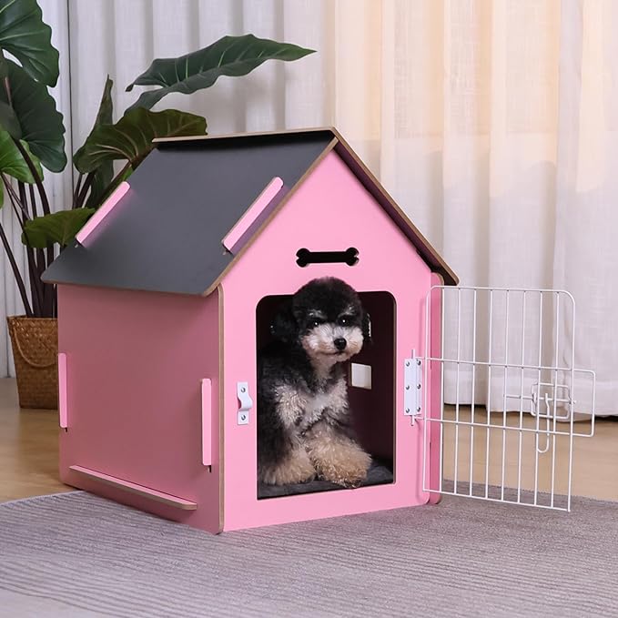 Dog House Indoor for Small Dogs or Cats, Cozy wooden design, Small indoor bed house, with Air Vents and Elevated Floor Warm Dog Cave (Large Pink)