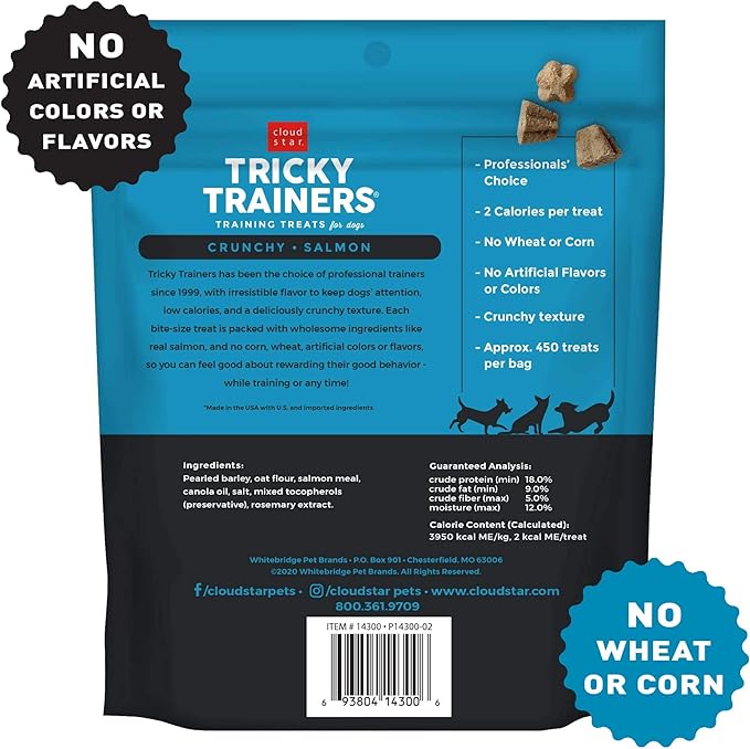 Cloud Star Tricky Trainers Crunchy Dog Training Treats 8 oz Pouch, Salmon Flavor, Low Calorie Behavior Aid with 450 treats